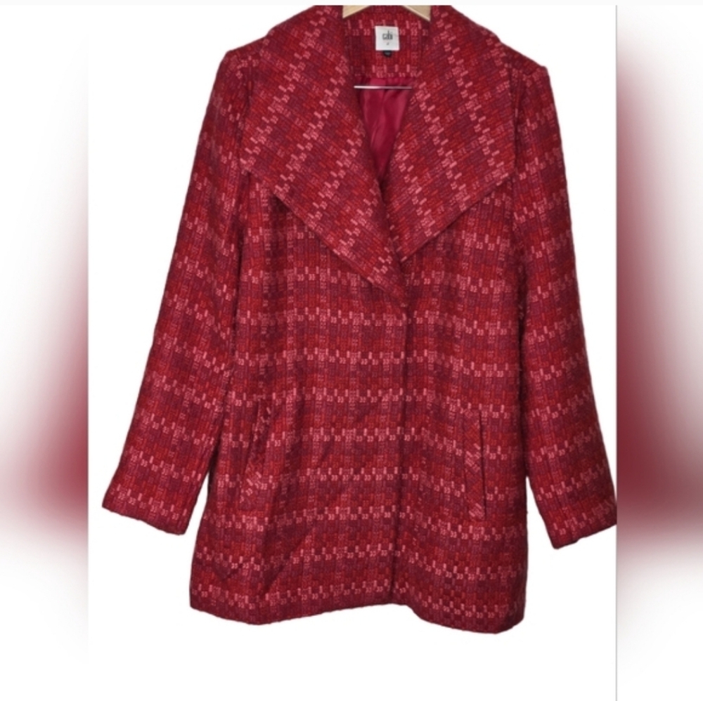 CAbi Sloan Tweed Peacoat (Style 3031) – Scarlet Red Bouclé Shawl Collar Coat - Picture 7 of 7